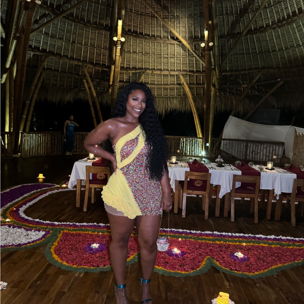 Yellow mini Multi color beaded dress